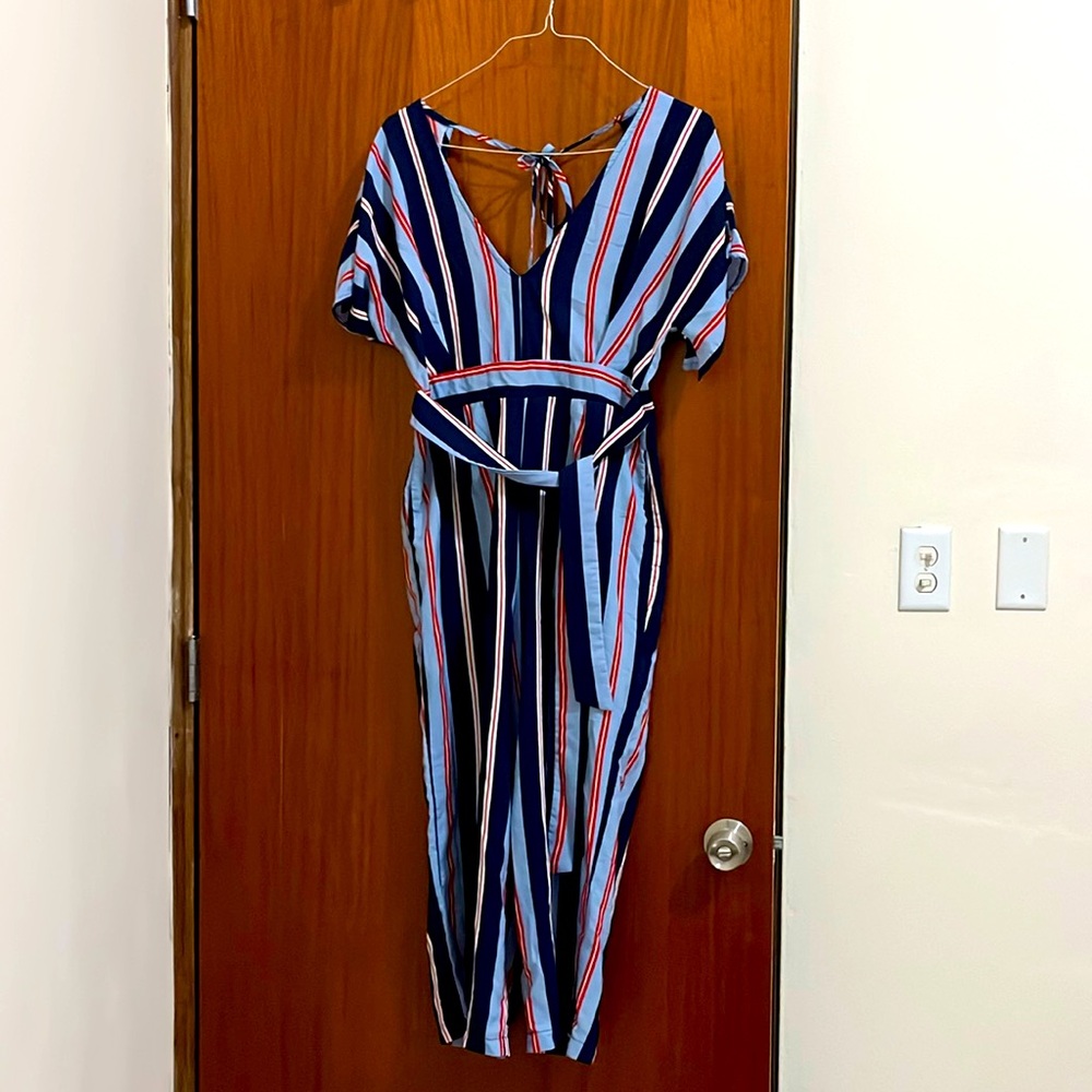 Open Back Long Jumper with Pocket - Red, White, and Blue Stripes